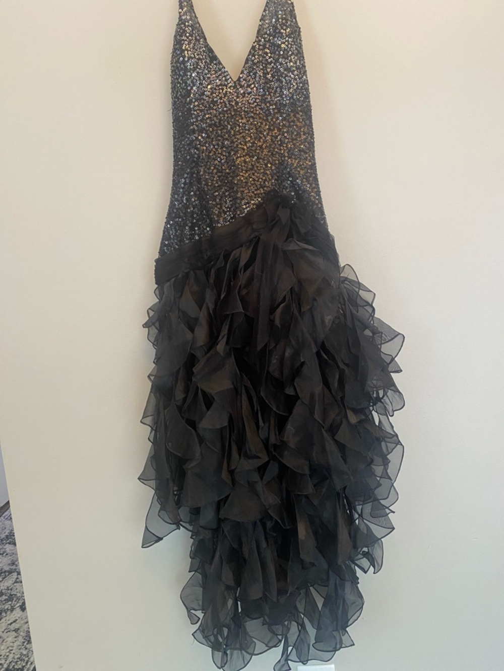 Tiffany Bling Sequin Bodice Ruffled Black Evening Dress